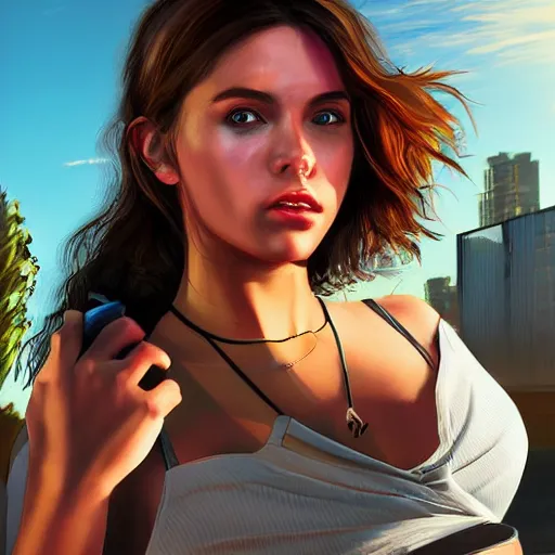 Image similar to high quality high detail girl in the style of gta 5 cover art, photorealistic lighting