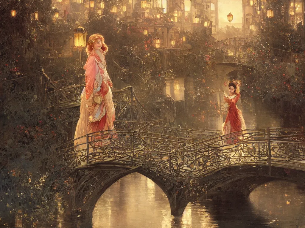 Image similar to a beautiful painting of a girl standing on a bridge, watching the view from the river of the lantern festival in a an ancient italian town, at night with a sky full of stars, intricate, elegant, highly detailed, digital painting, artstation, concept art, by krenz cushart and artem demura and alphonse mucha