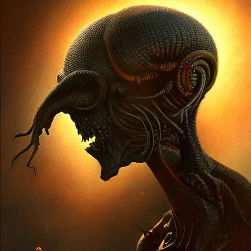 Image similar to ultra realist horror painting of a dimly lit attractive alien female and hellish creature together, very intricate details, focus, curvy, full frame image, artstyle hiraku tanaka and craig mullins, award winning
