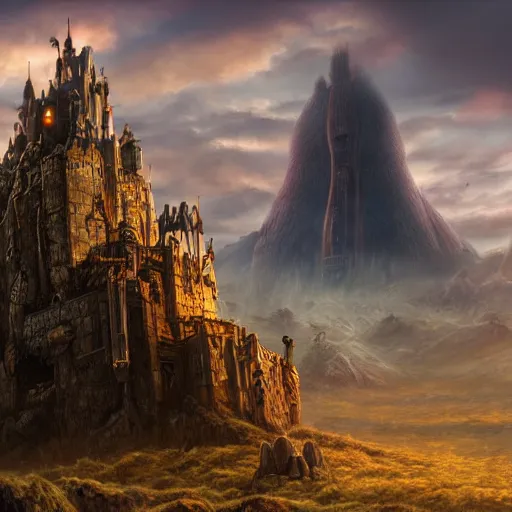 Prompt: large fantasy castle rising from the top of a giant tortoise that is towering over a harsh barren wasteland, centered in frame, howls moving castle, mortal engines, kaiju, distance - shot, fantasy, hyper detailed, 4 k