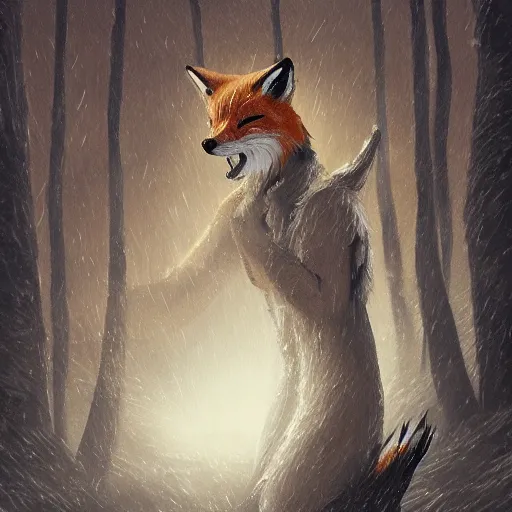 Image similar to man with a fox mask cast a thunder spell, storm, landscape, trees, artstation