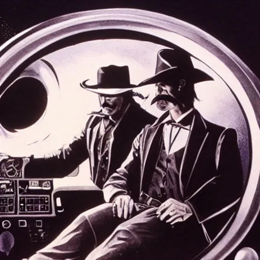 Prompt: wyatt earp and doc holliday, in a spaceship cockpit, traveling into a blackhole, high detail, high fidelity