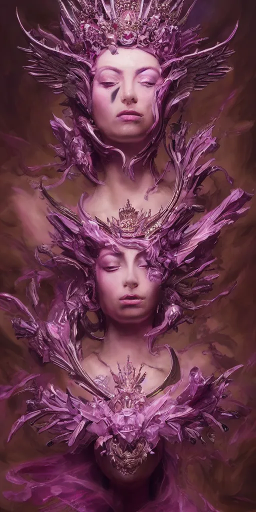 Prompt: female angel queen head wearing shiny pink crown, subtle purple accents, hyper details, black metal rococo, sculpted by Alex Alice, Craig Mullins, yoji shinkawa, trending on artstation, beautifully lit, Peter mohrbacher, hyper detailed, elite, elegant, luxury, ray of light through smoke, CGsociety, hypermaximalist, golden ratio, neofuture, volumetric, octane render, weta digital, micro details, 3d sculpture