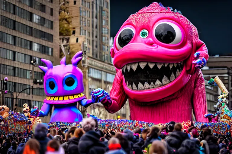 Image similar to photo of giant cute elaborate parade float character designed by ( ( ( ( ( ( ( ( giger ) ) ) ) ) ) ) ) and beeple!!!!!!!!!!!!!!, in the macys parade, detailed 4 k photo,