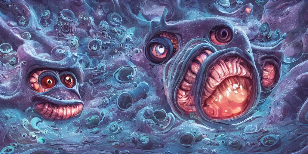 Image similar to of an intricate deep sea with strange cute friendly happy creatures with huge eyes, long tongue, round teeth and goofy funny face, appearing from the background, in the style of gehry and gaudi, macro lens, shallow depth of field, ultra detailed, digital painting, trending artstation, concept art, illustration, cinematic lighting, photorealism, epic, octane render