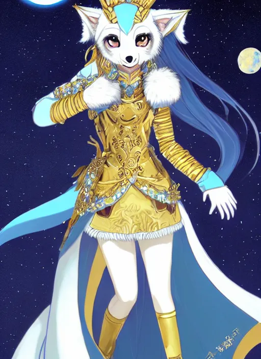 Image similar to commissioned full body portrait of a female anthro wolf princess fursona with a furry wolf head and white hair wearing a blue and gold Japanese armored dress in a white and gold palace on a starry night with a large crescent moon, by a professional manga illustrator, Stanley Artgerm Lau, WLOP, Rossdraws, James Jean, Andrei Riabovitchev, Marc Simonetti, and Sakimichan, trending on artstation