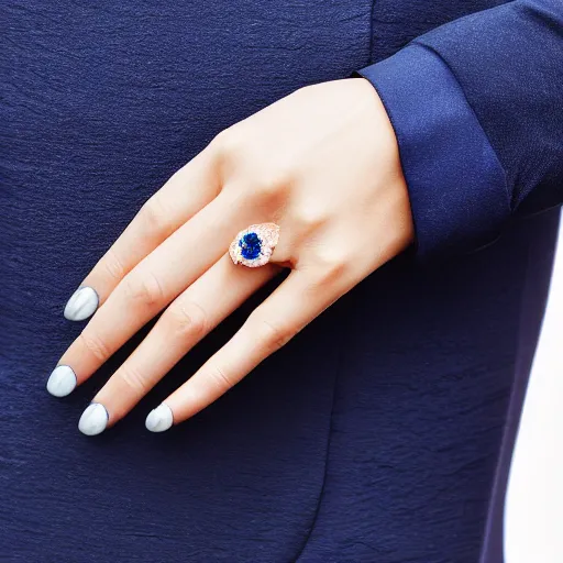 Image similar to wife wearing a ring with stunning 7 6 0 carat diamond adorned with blue sapphires