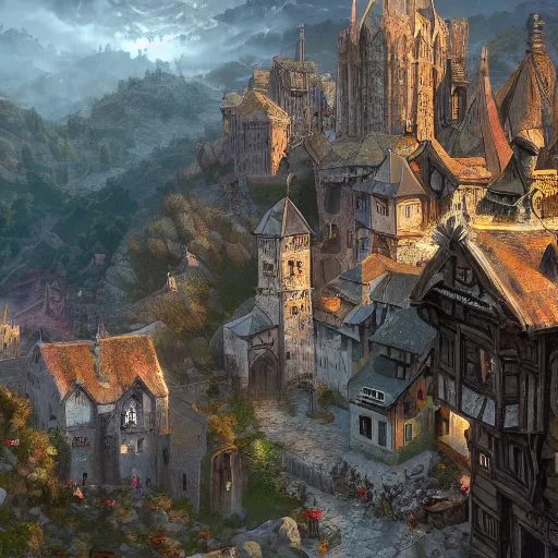 Image similar to old medieval city, eagles view, fantasy setting, digital art, hd, artstation