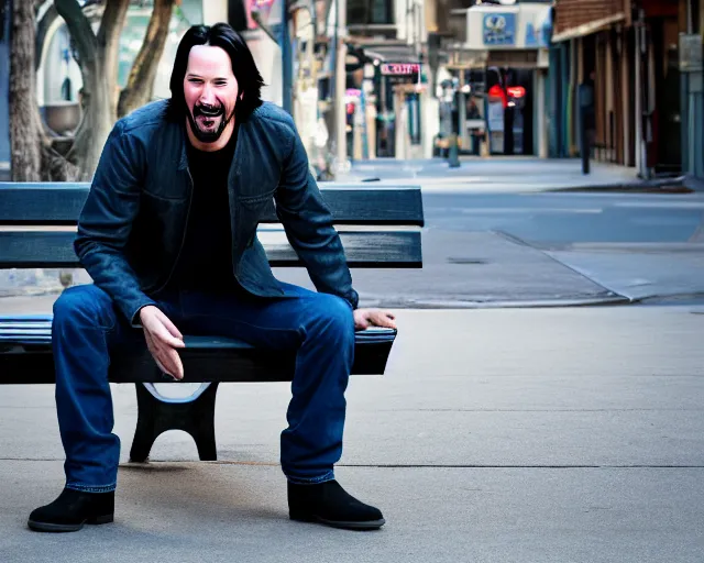 Image similar to 5 5 mm photo of happy keanu reeves in blue jeans and black jacket sitting on a bench in the street. dof. lifelike. ultra detailed. intricate. soft light. nikon d 8 5 0.