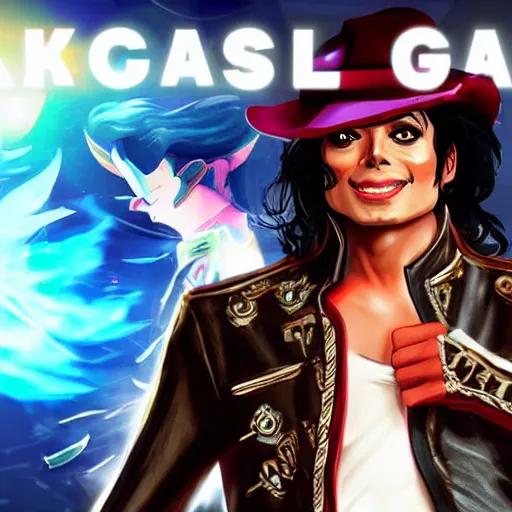 Image similar to michael jackson as a character in the game league of legends, with a background based on the game league of legends, detailed face