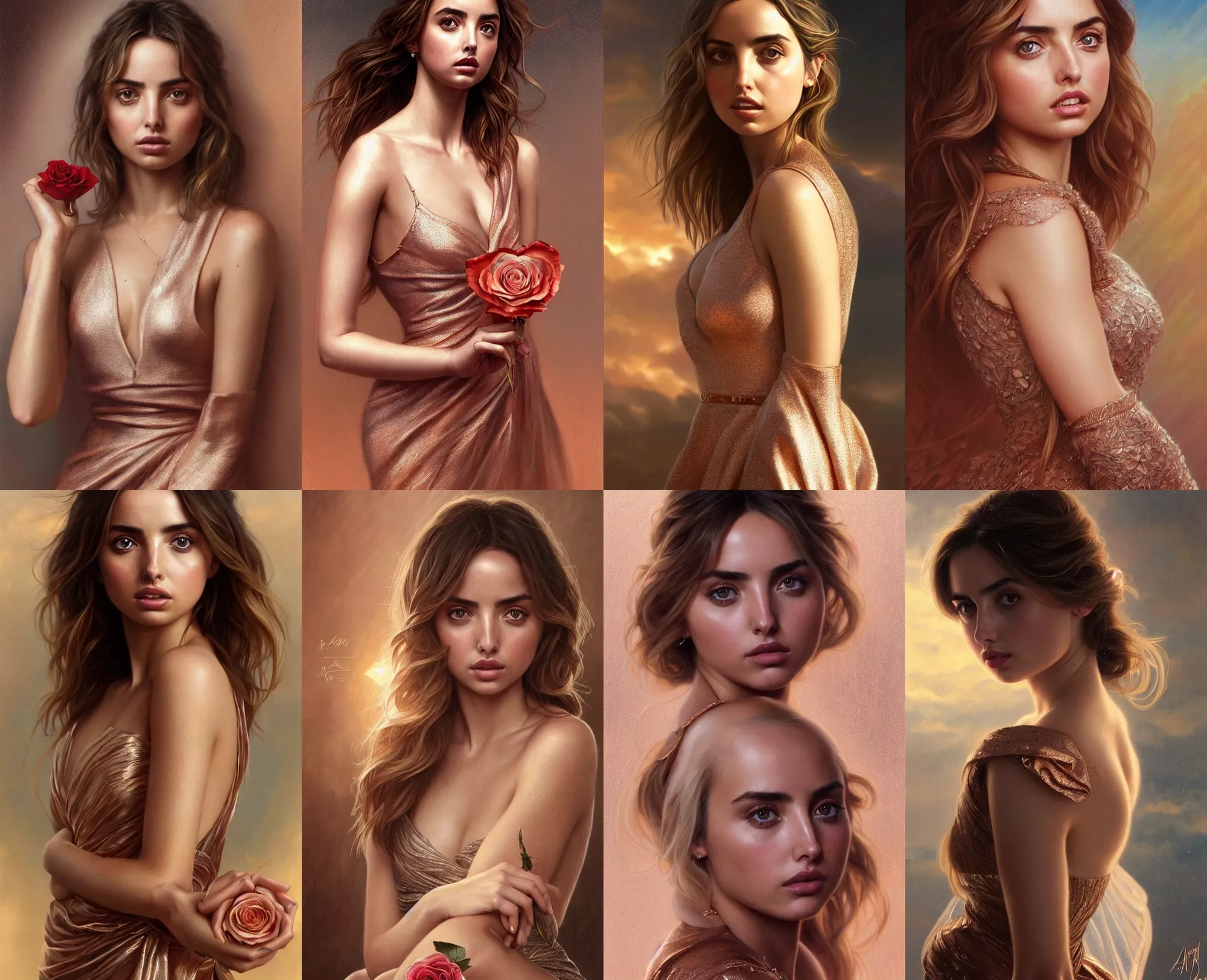 Prompt: Ana de Armas with a rose gold dress, beautiful eyes looking into the horizon, hyper realistic portrait, intricate, elegant, highly detailed, digital painting, artstation, OLED, sharp focus, illustration, art by artgerm and greg rutkowski and alphonse mucha