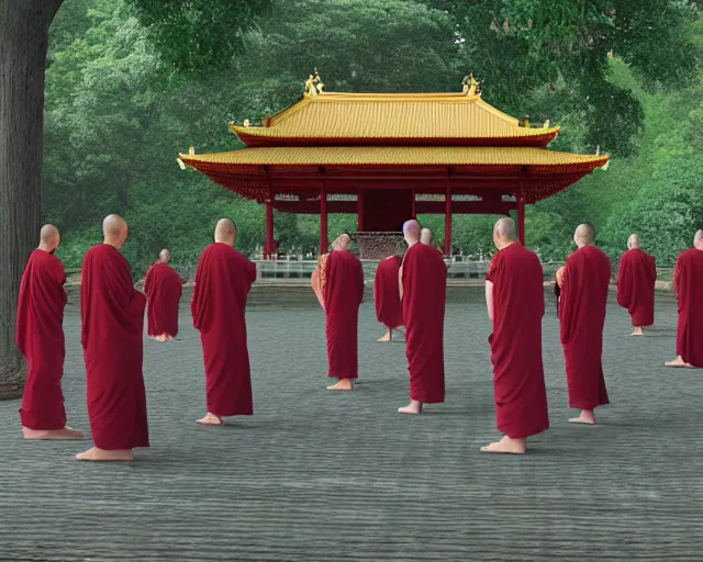 Prompt: a hyperrealistic scenery of 6 monks meditating in front of pagoda temple, concept art, extreme wide shot
