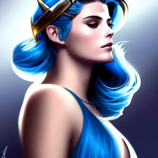 Prompt: Ashley Greene's face combined with Grace Kelly's face with blue hair wearing Final Fantasy Armor, western, D&D, fantasy, intricate, elegant, highly detailed, digital painting, artstation, concept art, matte, sharp focus, illustration, art by Artgerm and Greg Rutkowski and Alphonse Mucha