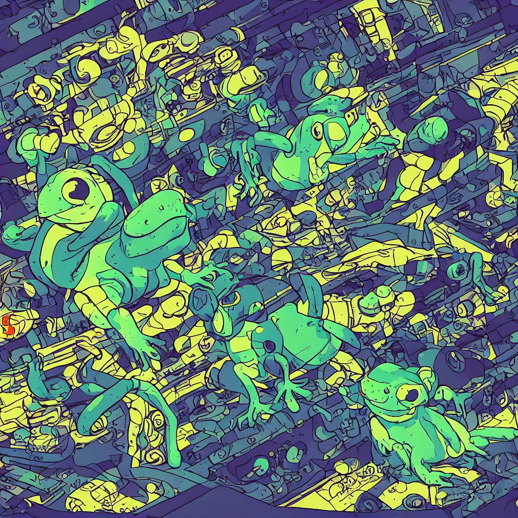 Image similar to toads, deconstructed amphibian, ryuta ueda artwork, breakcore, style of jet set radio, y 2 k, gloom, space, cel - shaded art style, indigo rainbow, data, minimal, code, cybernetic, dark, eerie, cyber