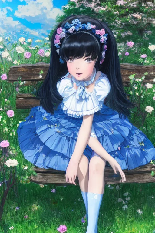 Prompt: a beautiful hyperdetailed portrait render of black - haired little girl in a blue lolita dress with stars and petticoat sitting on a bench in a botanical garden, atmospheric lighting, style of makoto shinkai, raphael lacoste