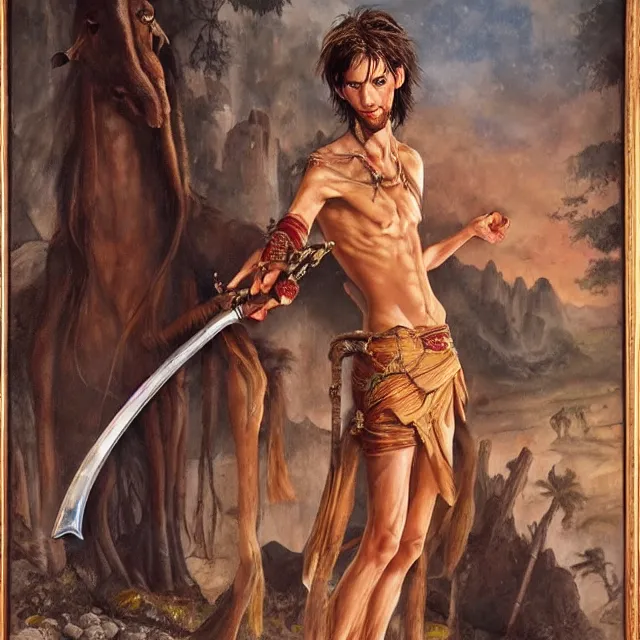 Image similar to highly detailed realistic painting of lanky disheveled artist sorcerer holding scimitar in arabian surroundings