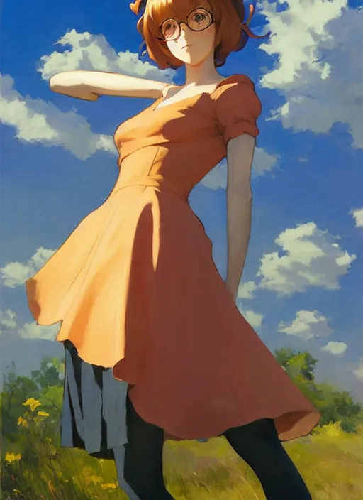 Prompt: Greg Manchess ainting of Velma Dinkley in the style of Violet Evergarden, anime style, winged eyelashes, countryside, calm, fantasy character portrait, dark outlines, dynamic pose, above view, sunny day, artwork by Makoto Shinkai, very coherent asymmetrical artwork, sharp edges, perfect face, simple form, 100mm