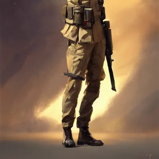 Image similar to Young man with brown hair and blue eyes, full body, wearing a military uniform, standing at attention, by Greg Rutkowski, painting, trending on artstation