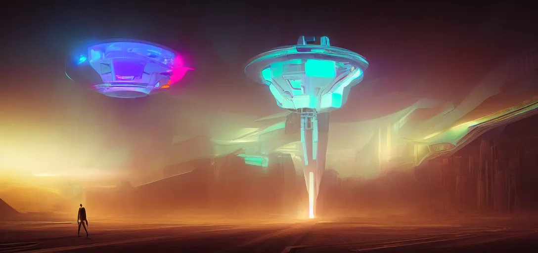 Image similar to view from the desert ground fire night stars of futuristic mechanical blade runner cyberpunk mothership, colored fog, neon, light rays, symmetry, cinematic lighting, ultra detailed, sharp, ambient occlusion, bloom, raytracing, by greg rutowski, paul chadeisson and jessica rossier