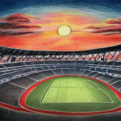 Prompt: Fritz-Walter-Stadion in a sunset, pencil art style, highlyy detailed, sharp focus, illustration in pen and ink