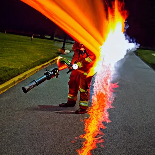 Image similar to photo of a firefighter using a flamethrower projecting a long flame. award-winning, highly-detailed