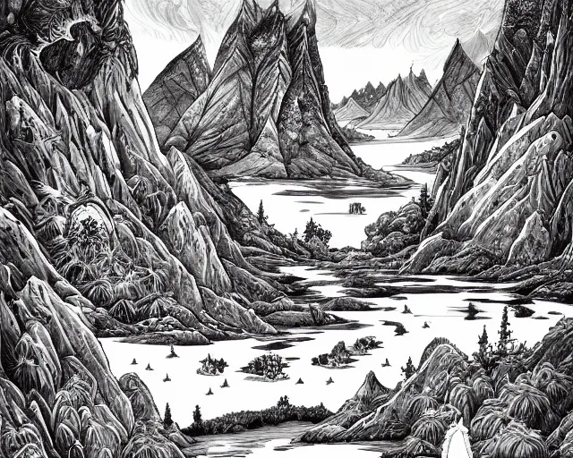 Image similar to impressive fantasy landscape, beautiful line art, ink illustration, pure b&w, white frame