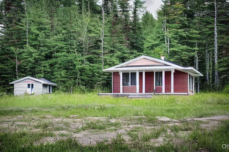 Image similar to a solitary 1 9 6 0 s bungalow style cottage near raven lake, on the outskirts of halifax, ns. hd photography, realistic, inspired by gregory crewdson.