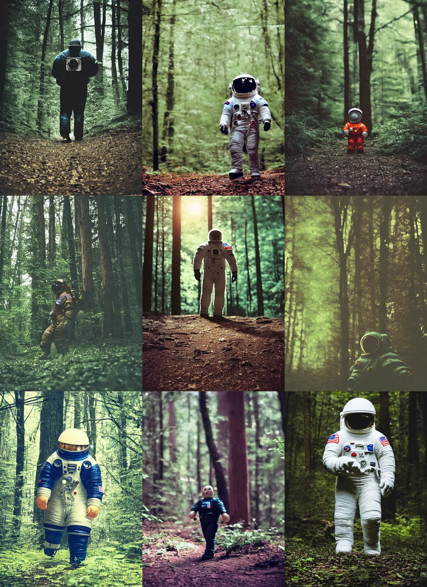 Prompt: a 3 5 mm photo of a giant oversized chubby american astronaut in spacesut walking in the tiny undersized woods, splash art, movie still, bokeh, canon 5 0 mm, cinematic lighting, dramatic, film, photography, depth of field, award - winning, backlighting, overcast, 8 k, hyper detailed, 3 5 mm film grain