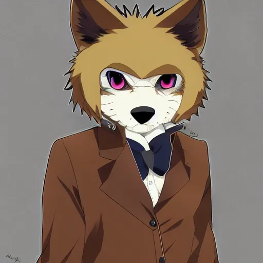 Image similar to key anime visual portrait of an anthropomorphic anthro wolf fursona, in a jacket, with handsome eyes, official modern anime art