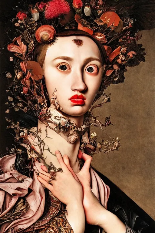 Image similar to Detailed maximalist portrait with large lips and wide eyes, sad expression, extra hands, HD mixed media, 3D collage, highly detailed and intricate, surreal, illustration in the style of Caravaggio, dark art, baroque