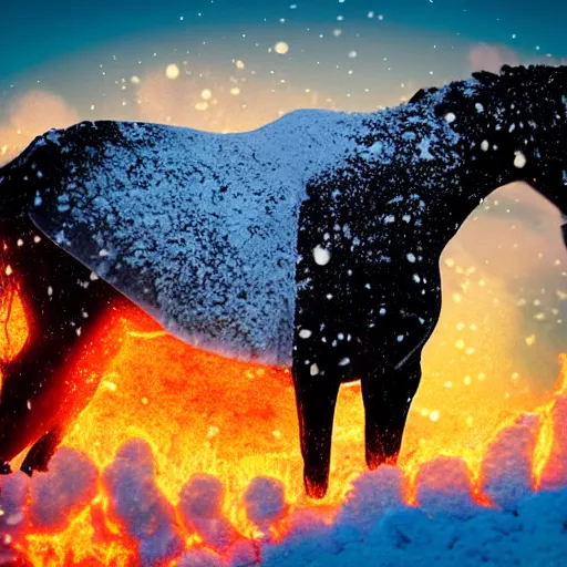 Image similar to lava man on a snowy biome slowly melting snows, golden hours, heat wave, 4 k photoshop, photorealistic, 1 0 0 m, sharp focus, bokeh, movie shot, cinematic perspective, studio shot