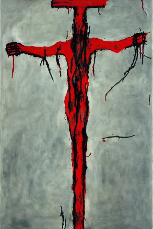 Image similar to bloody jesus christ crucified painted by cy twombly and jean michel basquiat