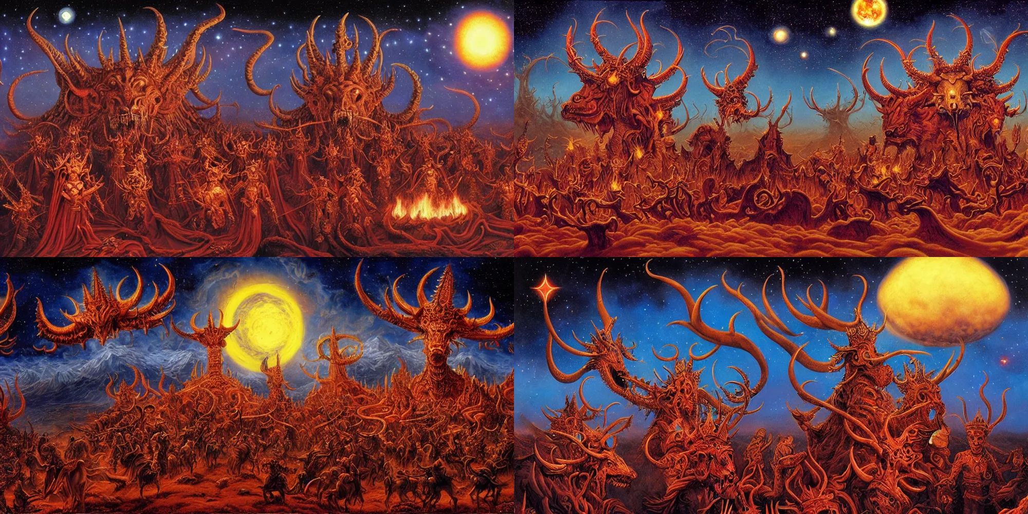 Prompt: diadems, crowns, crowns on a ten horned beast with seven heads, fiery red, detailed, intricate, matte painting by Michael Whelan, Les Edwards, Jim Burns, in background starry night sky and distant earth