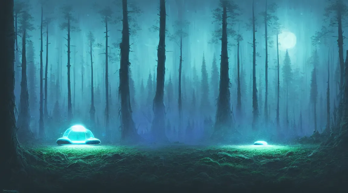 Prompt: matte painting tiny alien spaceship with linework in clearing in forest at night. forest is lit by eerie blue glow. ufo. digital painting. digital render. beeple. noah bradley. cyril roland. trending on artstation.