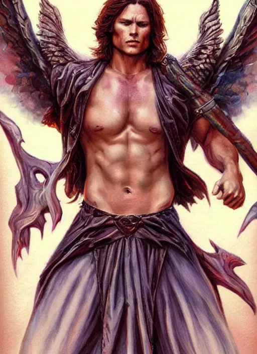 Image similar to beautiful! Sam Winchester as a muscular angel with a big cross pendant and religious and magic tattoos on chest and neck, big Angel wings wide open, stained and bleeding, D&D!, fantasy style, sharp focus!, ultra detailed, art by Artgerm and Peter Andrew Jones, WLUP