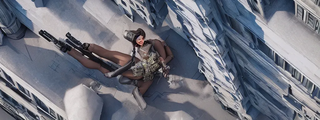 Prompt: athletic female sniper, lying down on rooftop edge, aiming with sniper rifle, looking down in cold frosty russia moscow city street, like concept art on artstation, hyperdetailed, vray render, octane render,