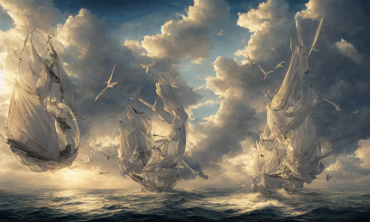 Prompt: a beautiful digital painting of a white caravel in the clouds, birds flying in the sunlight, numerous intricated sails, blue sky at sunset, elegant, highly detailed, artstation, concept art, matte, sharp focus, art by tom bagshaw, kelogsloops and greg rutkowski