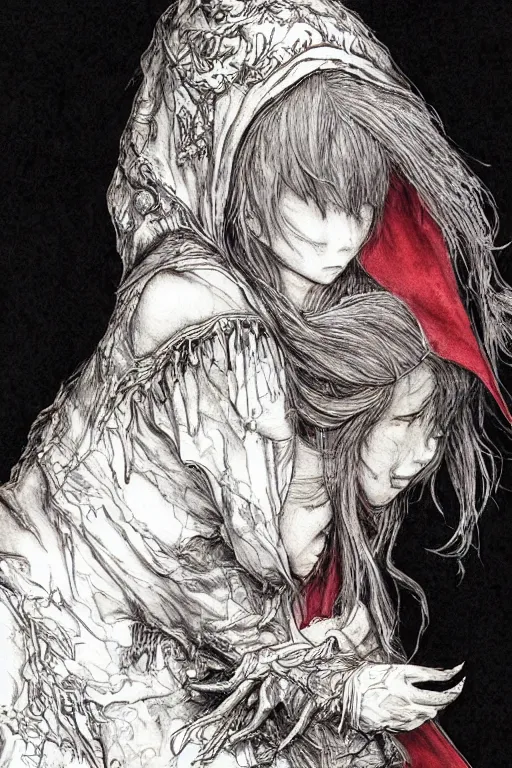 Image similar to portrait of a beautiful little red riding hood sobbing, tears run down her cheeks, as a terrifying werewolf emerges from her back, pen and ink, intricate line drawings, by Yoshitaka Amano, Ruan Jia, Kentaro Miura, Artgerm, watercolor