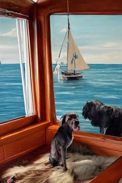 Prompt: A beautiful 40 feet Swedish sailboat from the 1950s in The Swedish archipelago. Pocky the dog is guarding on deck, natural sunlight, renaissance oil painting on canvas.