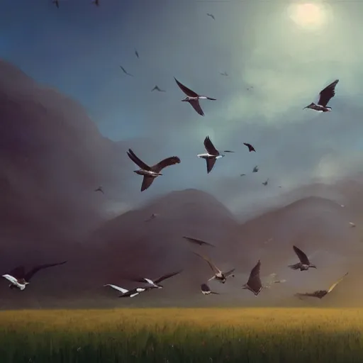 Image similar to flock of swallow birds flying in avila, golondrinas, green fields, spring season, 4 k, midday light, concept art, by wlop, ilya kuvshinov, artgerm, krenz cushart, greg rutkowski, pixiv. cinematic dramatic atmosphere, sharp focus, volumetric lighting, cinematic lighting, studio quality