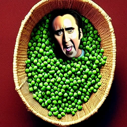 Prompt: nicolas cage with peas on his face, screaming in a wicker basket