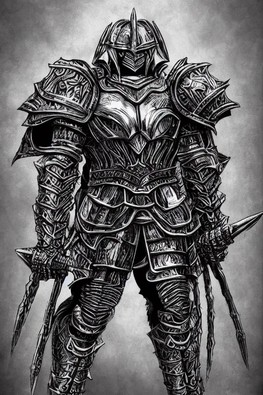 Image similar to armoured warrior, symmetrical, highly detailed, digital art, thorned themed armour, sharp focus, trending on art station, kentaro miura manga art style