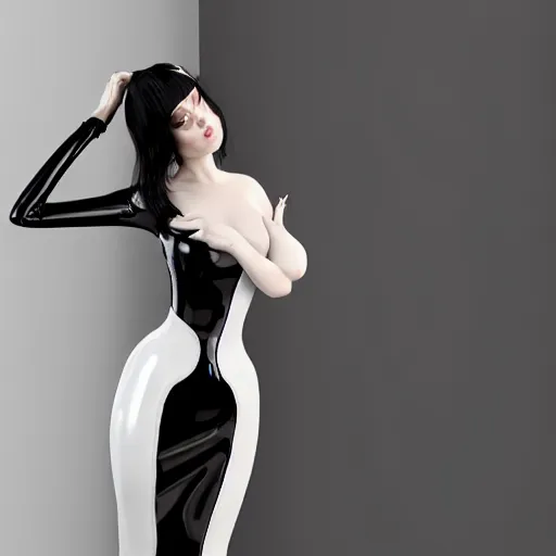 Image similar to an elegant curvy feminine pale goth cutie wearing an elaborate tight latex-nylon-leather white tube gown, thin waist, tube-top dress, cgsociety, photorealistic, sublime comforting ambience, 16k, smooth, sharp focus, trending on ArtStation, volumetric lighting, worksafe