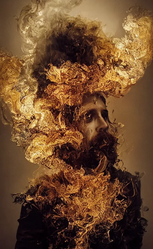 Image similar to 'Portrait of King Arthur' by István Sándorfi and Lee Jeffries royally decorated, whirling smoke, embers, gold encrustations , gilt silk torn fabric, radiant colors, fantasy, perfect lighting, studio lit, micro details,