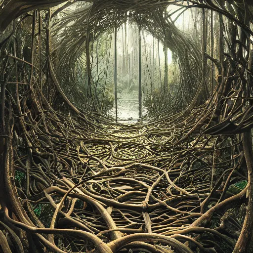 Image similar to the portal of nothingness lies under piles of modular synth cables mixed with mangrove roots, a place we can call our own together, by cameron gray, wlop, stanley kubrick, masamune, hideki anno, jamie hewlett, unique perspective, trending on artstation, 3 d render, vivid