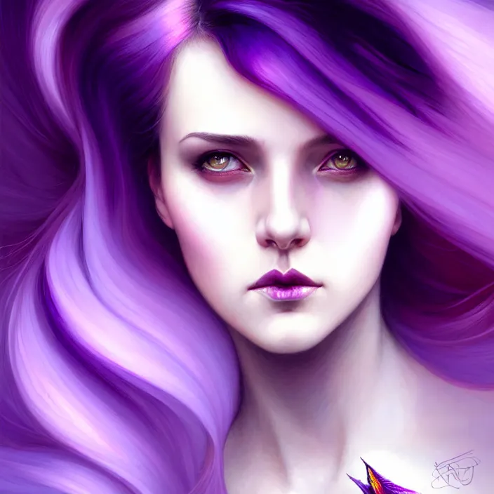 Image similar to Purple hair relistic Portrait of a two woman with bright colored flying hair, all shades of purple. Beauty face, Hair coloring, fantasy, intricate, elegant, highly detailed, digital painting, artstation, concept art, smooth, sharp focus, illustration, art by artgerm and greg rutkowski and alphonse mucha