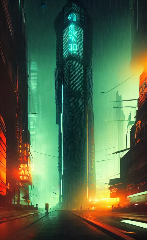 Image similar to low angle of a dark ominous building in a blade runner city, volumetric lighting, epic composition, hyper - detailed, ultra - realistic, sharp focus, octane render, volumetric, ray tracing, artstation trending, cgsociety, sense of awe, 8 k resolution, by syd mead, artgerm, ross tran, fuji choko