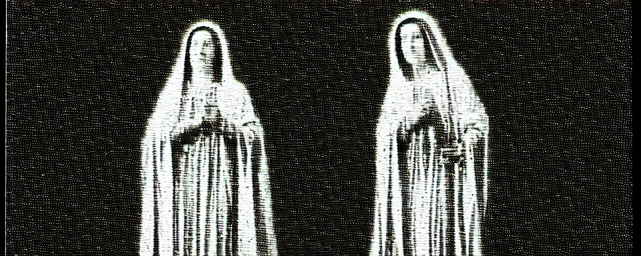 Image similar to vhs static overlay of marian apparition, vhs, 1 9 9 0, highly realistic, highly detailed, vhs noise static, black and white, vhs glitch