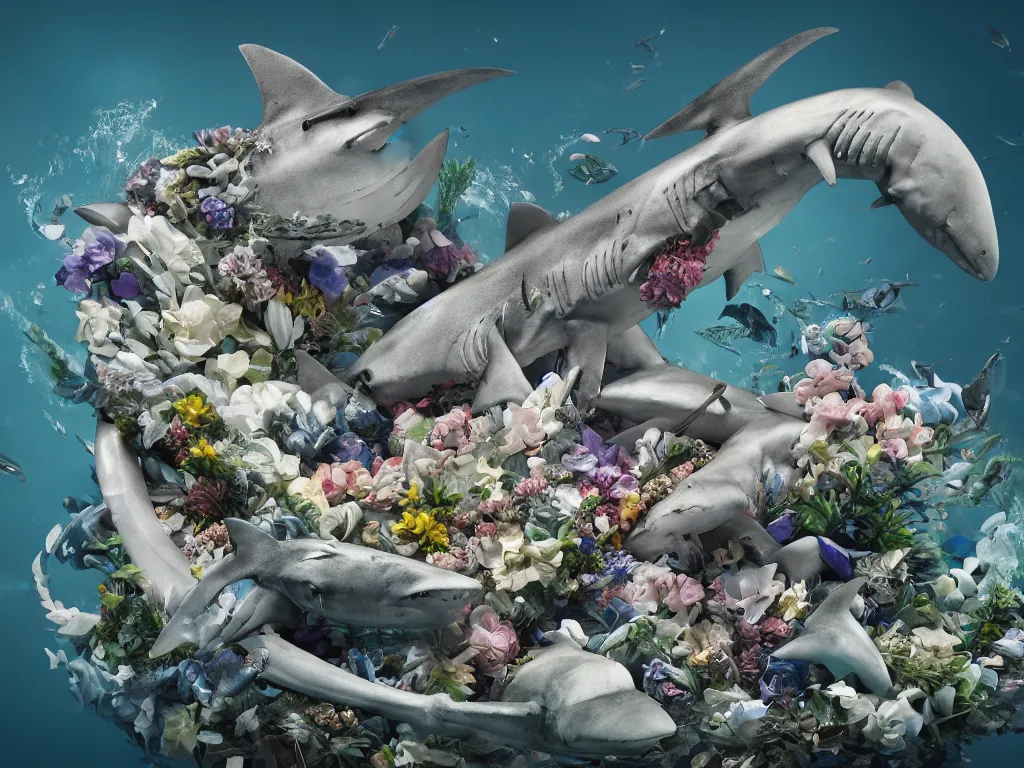 Image similar to a sculpture of ocean shark intertwined, a lovely cornucopia of flowers and human body parts, elegantly, highly detailed, octane render, cinematic, shock, sharp focus