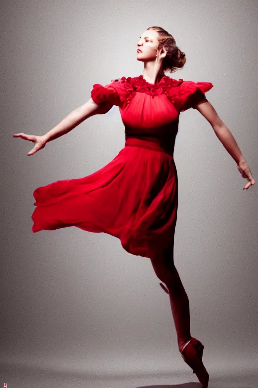 Prompt: full body portrait of a female in a dancing pose, red floral dress, cinematic lighting, 4 k,